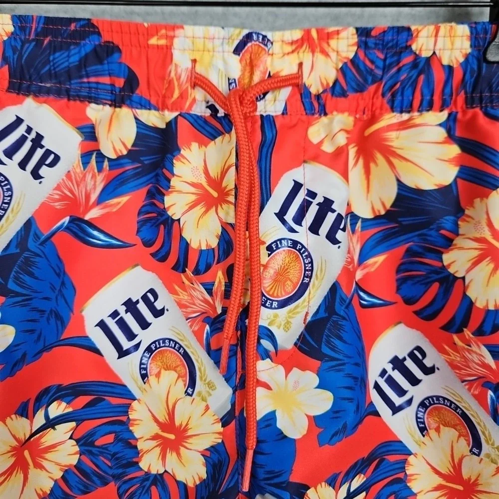 Miller Lite Tropical Floral Swim Trunk Shorts Mens Size‎ Med New Hawaiian Beach